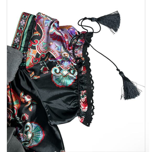 Pura Vida Black Boho Floral Short Dress Short Sleeves Tassel Ties Women's Size 4 - Picture 4 of 8